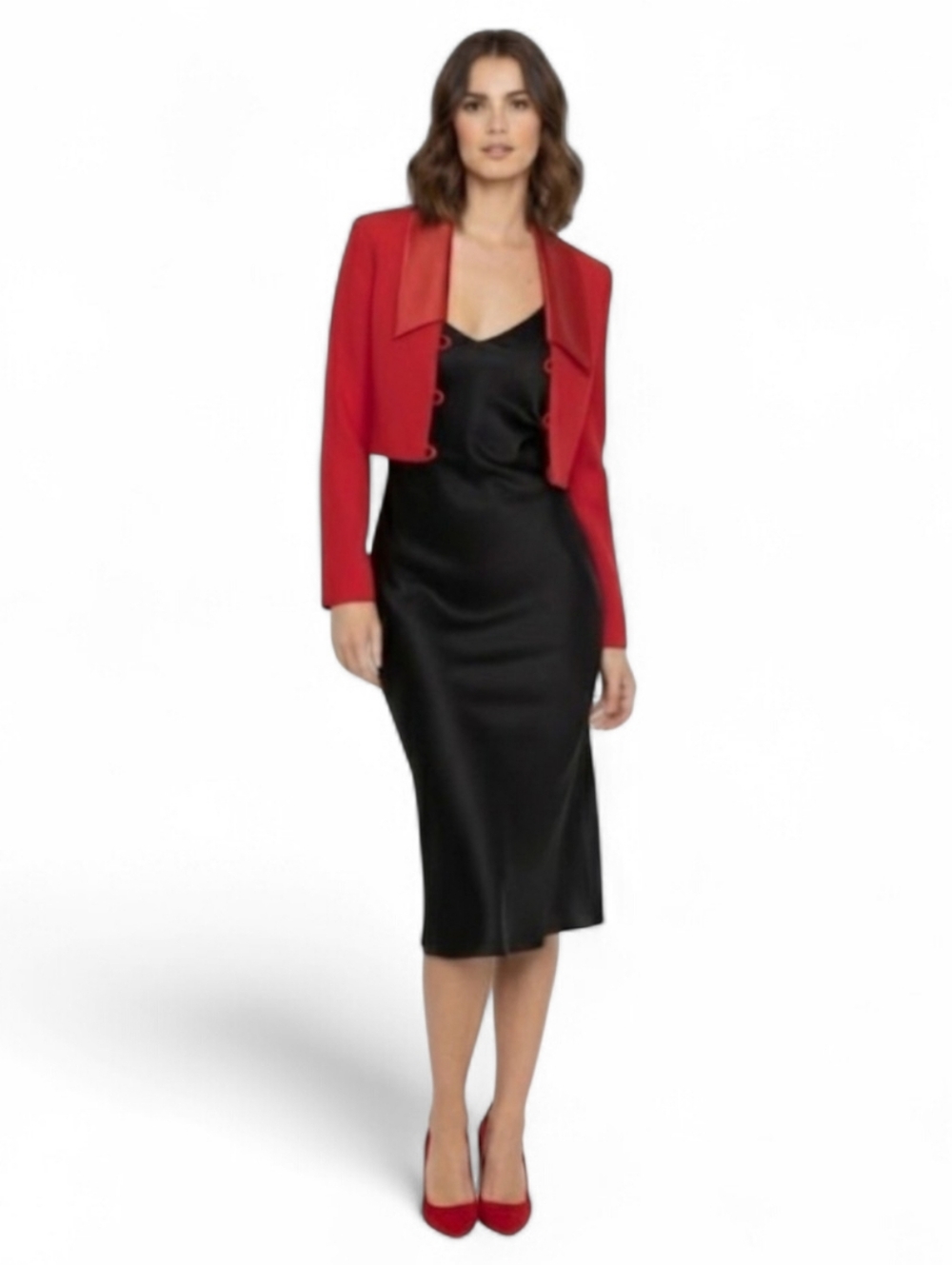 VTG Red Cropped Bolero Blazer Silk Lapel Retro Evening Chic